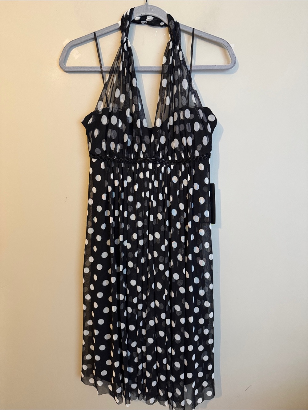 NWT- JS Boutique halter polka dot party dress, black & white, sz 8